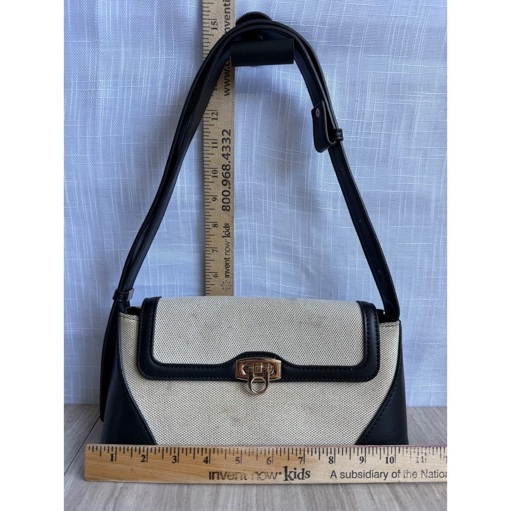 Unbranded Shoulder Purse Baguette Black Cream Y2K Preppy Vegan Leather Canvas